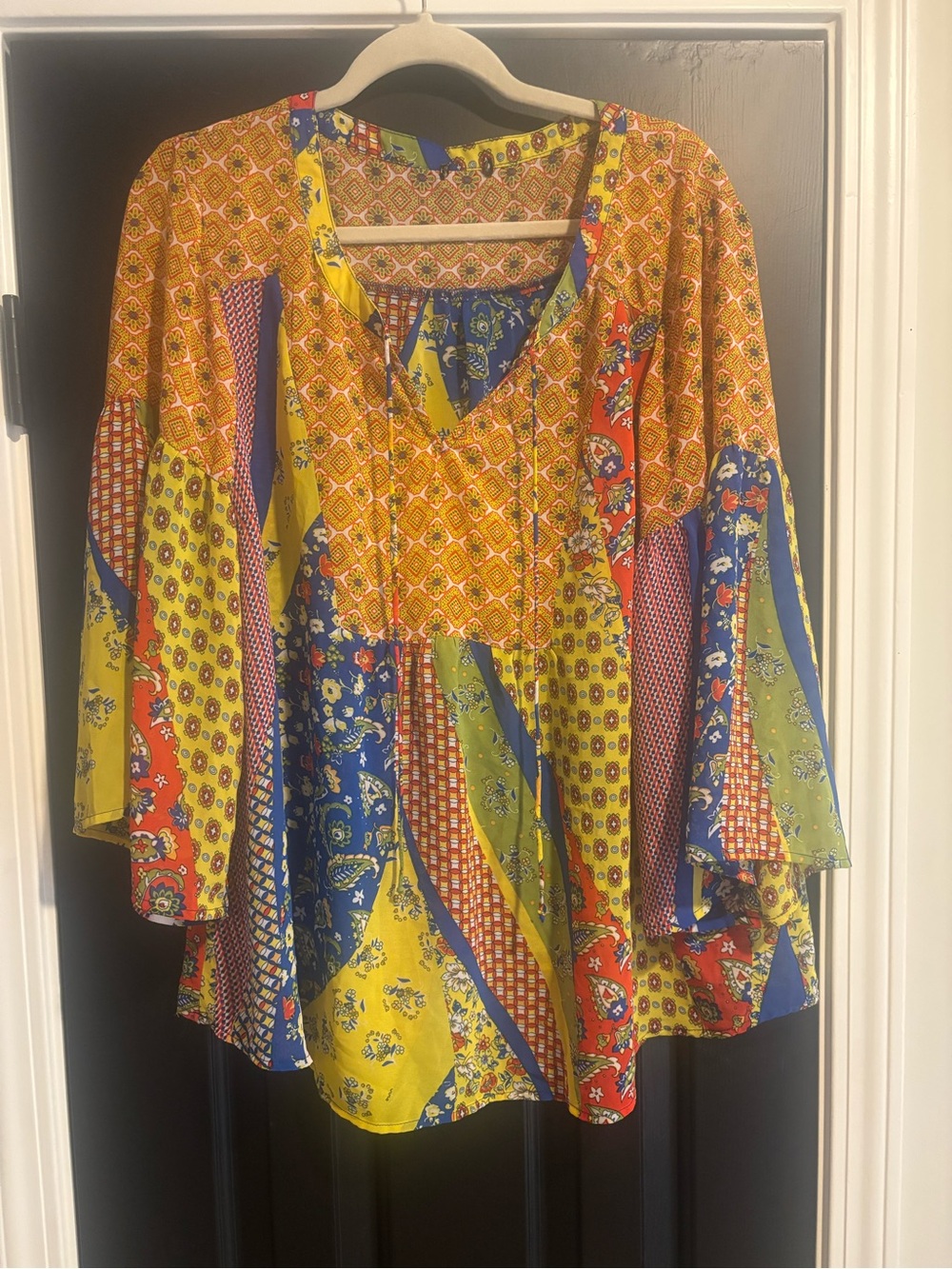 Patchwork V-Neck Tunic Top in Yellow & Blue